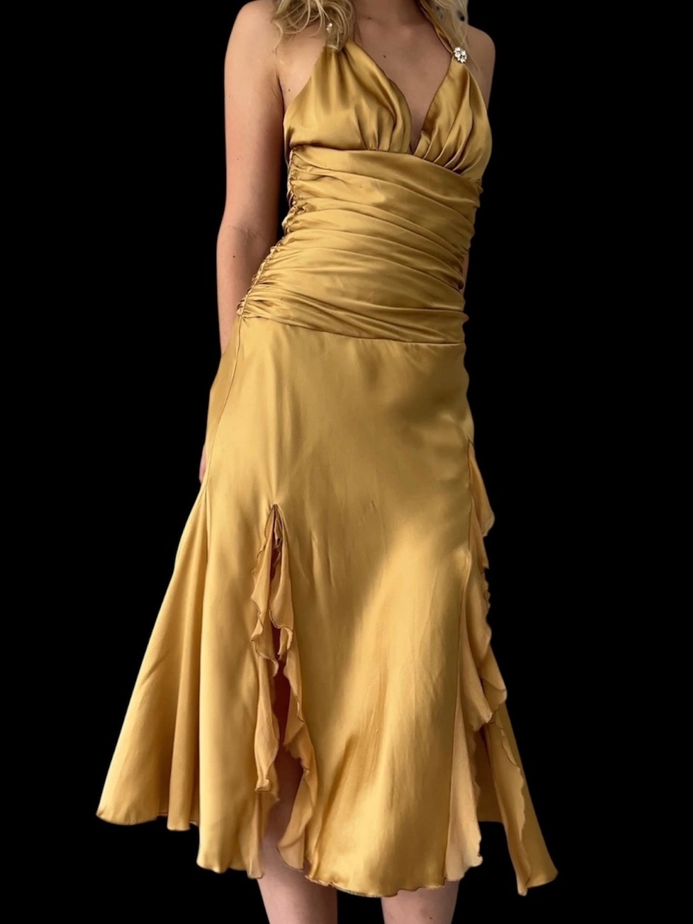Vintage Y2K Cache Gold 100% Silk Chiffon Ruffle Tie Back Halter Dress Size 8